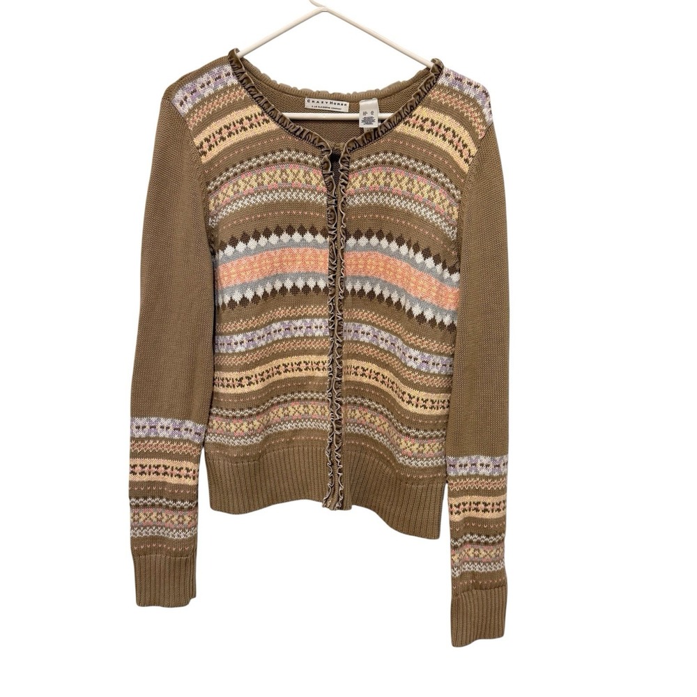 Vintage Y2K Velvet Ruffle Trim Fair Isle Cardigan  XL Country Cottage Boho Twee